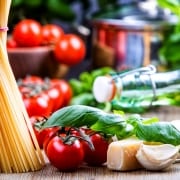 Basil leaves garlic pene,spghetti and cherry tomatoes